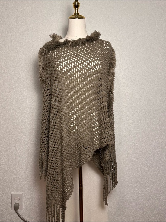 Sweaters - Cozy Taupe Fringe Knit Poncho Sweater